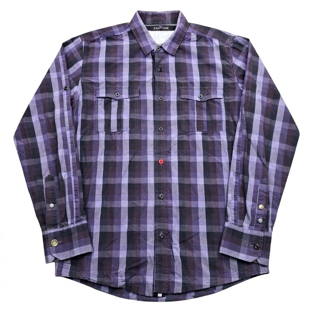 ZANEROBE Plaid Button Up Shirt Mens Medium Purple Grey Cotton Long Sleeve Casual